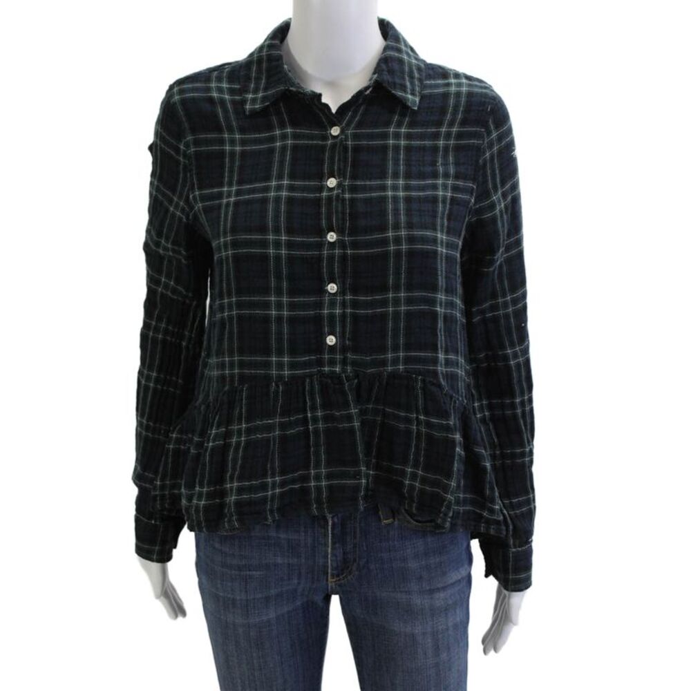 Birds of Paradis Womens Plaid Collared Button-Up Dark Blue Long Sleeve Size S